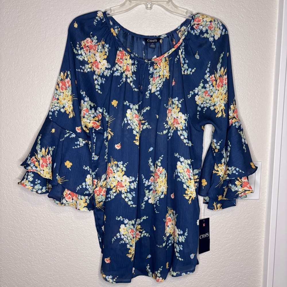 Chaps Blue Bell Sleeve Blouse with Ruffled Details, Fairy, boho
